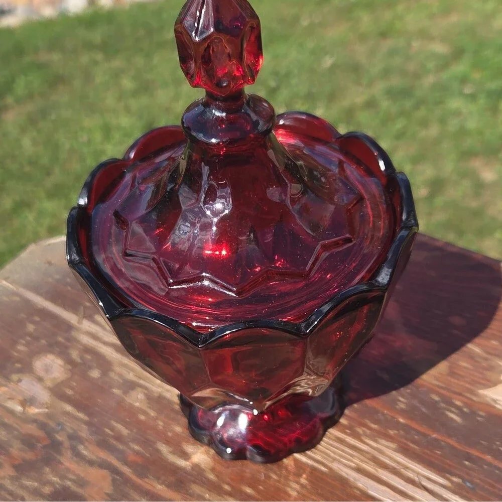 Vintage Red Glass Covered Bowl w/ Lid | Decorative Two-Piece Set
